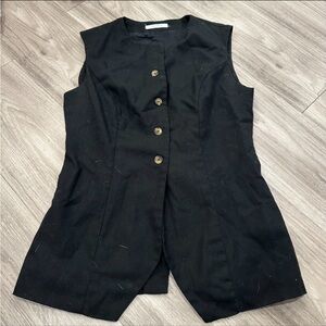 Black Linen Blend Button Front Vest | Longline Tailored Waistcoat Top